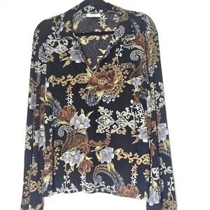 Vintage Y2K Biaggi Boho Sheer Mesh Floral Top Long Sleeve Stretch Blouse Sz L